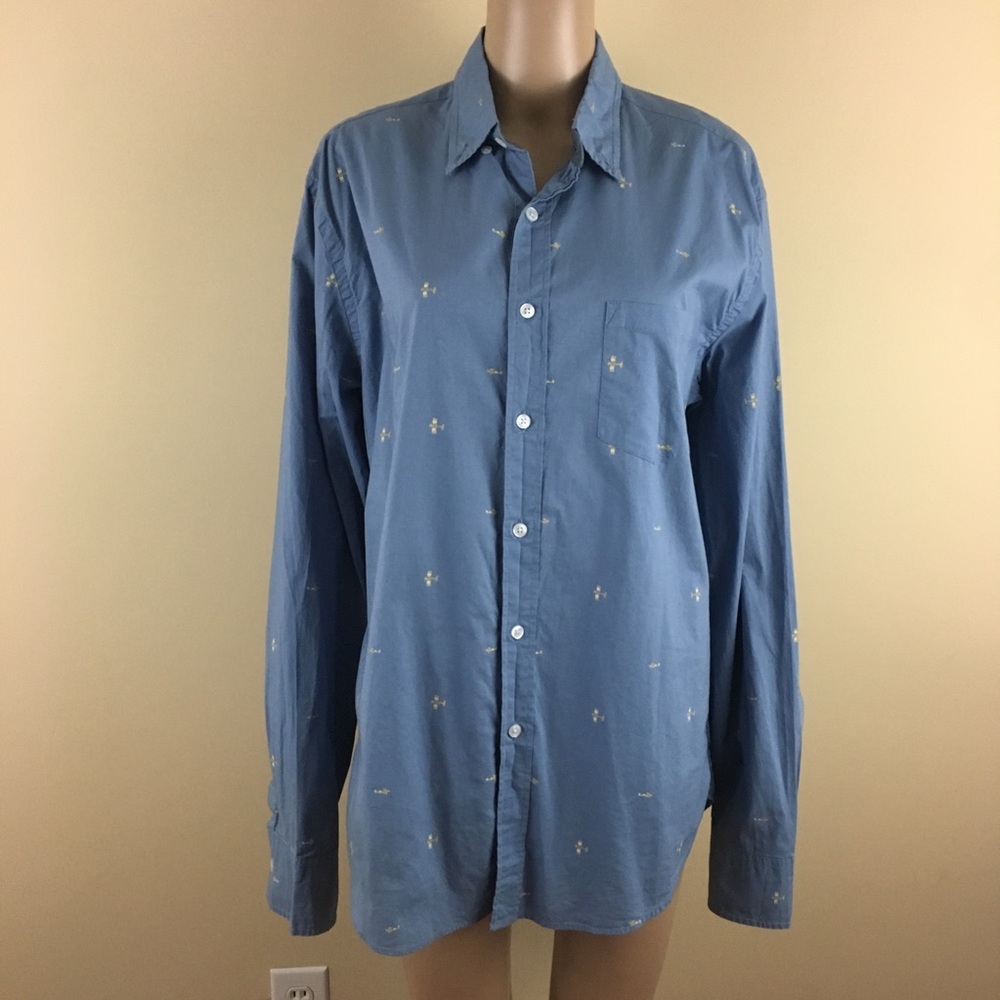 J Crew Large Button Down Blue Airplane Pilot Plane - image 1